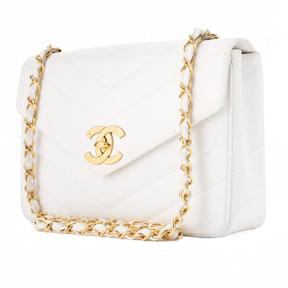 CHANEL Caviar Skin Big Coco Single V-Stitch V-Flap Chain Shoulder White Gold-Tone Hardware, Pre-Owned