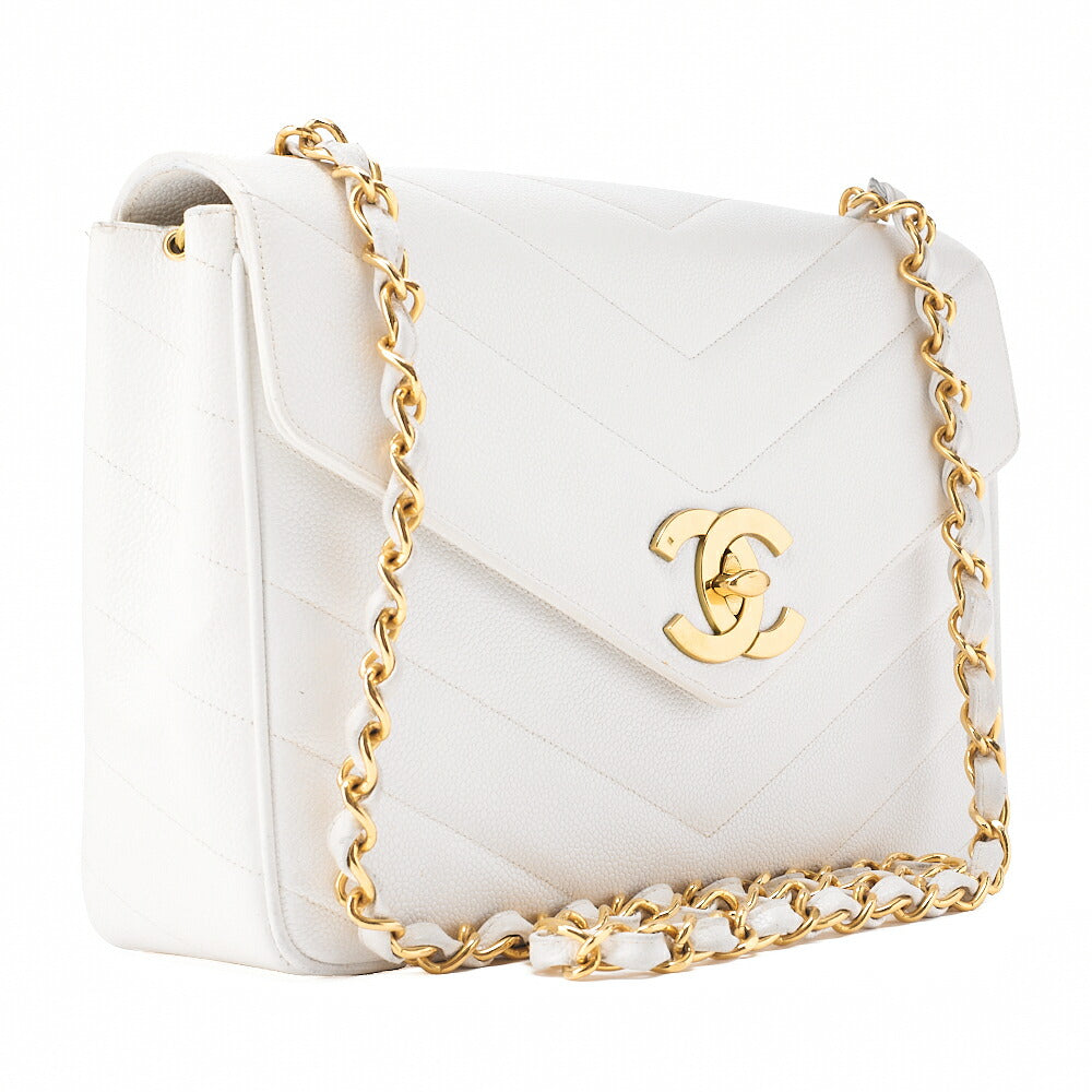 CHANEL Caviar Skin Big Coco Single V-Stitch V-Flap Chain Shoulder White Gold-Tone Hardware, Pre-Owned