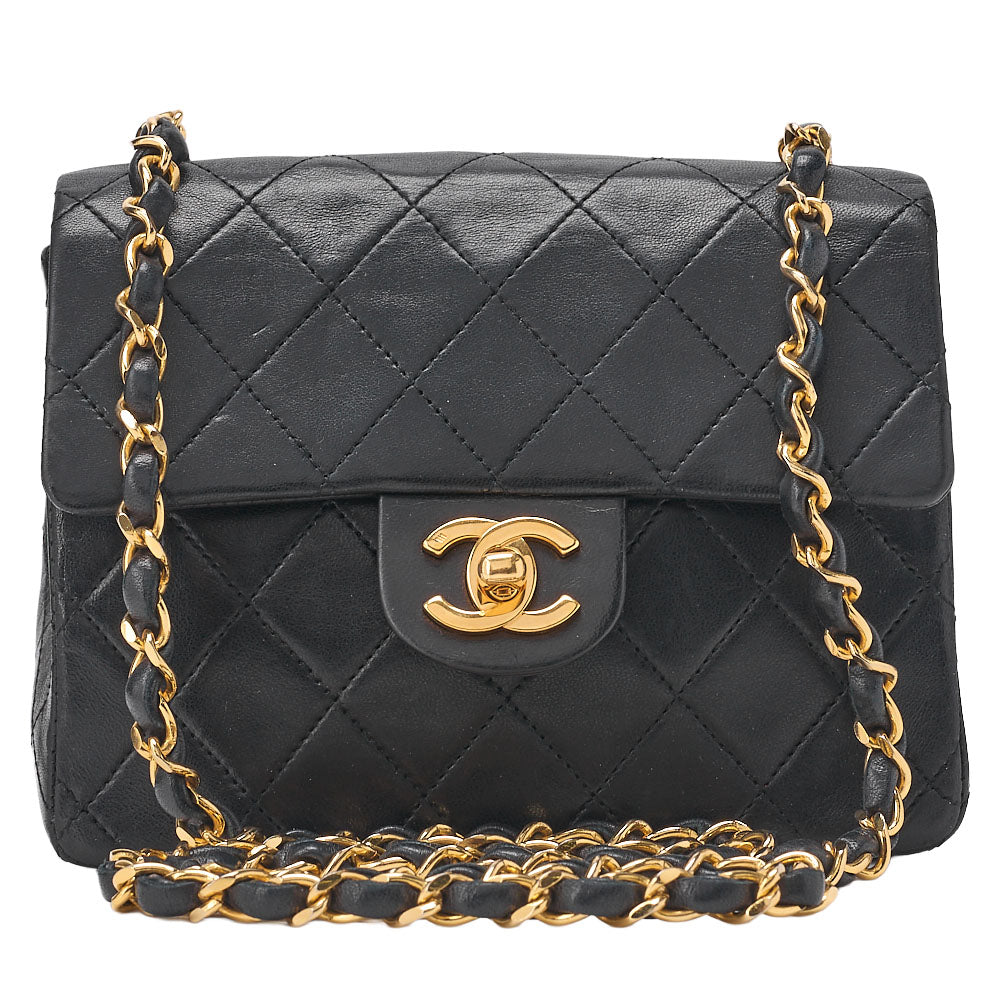 CHANEL Chain Shoulder Bag Mini Matlasse 17cm Lambskin Black Gold-Tone Hardware, Pre-Owned
