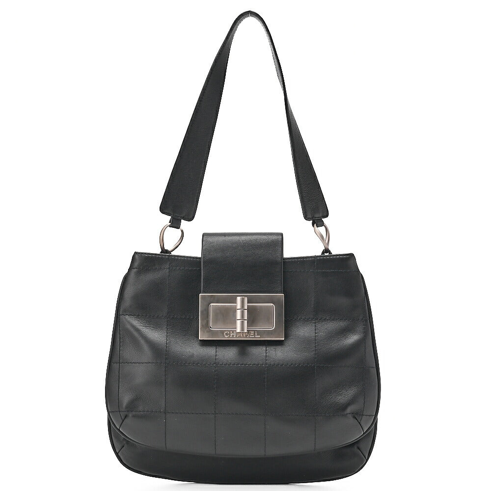 CHANEL Lambskin Chocolate Bar 2.55 Lock Round One Shoulder Black Silver-Tone Hardware, Pre-Owned