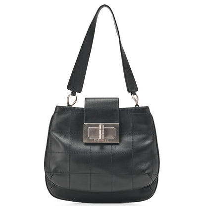 CHANEL Lambskin Chocolate Bar 2.55 Lock Round One Shoulder Black Silver-Tone Hardware, Pre-Owned