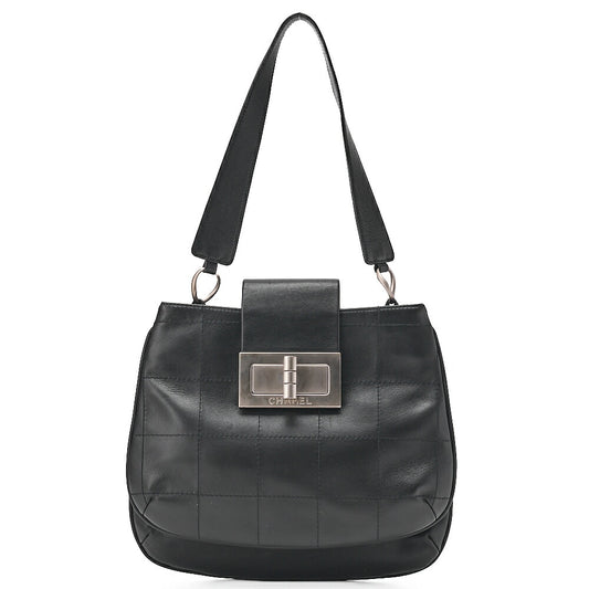 CHANEL Lambskin Chocolate Bar 2.55 Lock Round One Shoulder Black Silver-Tone Hardware, Pre-Owned
