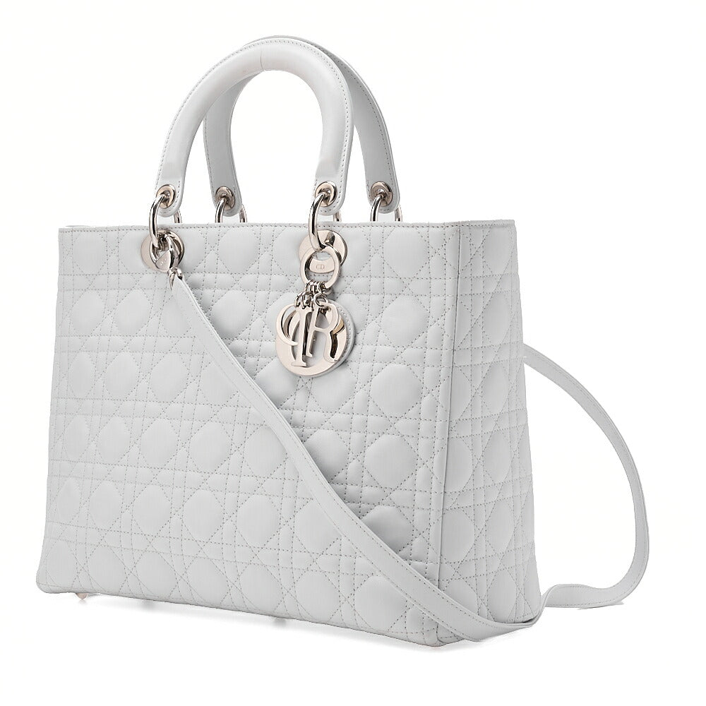 Dior Lady Dior Cannage Handbag Lambskin Light Blue Silver-Tone Hardware, Pre-Owned