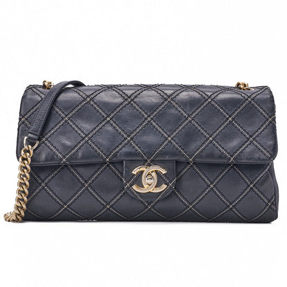 CHANEL Chanel Coated Leather Matlassse Single Flap Shoulder Navy Silver-Tone Hardware, Pre-Owned