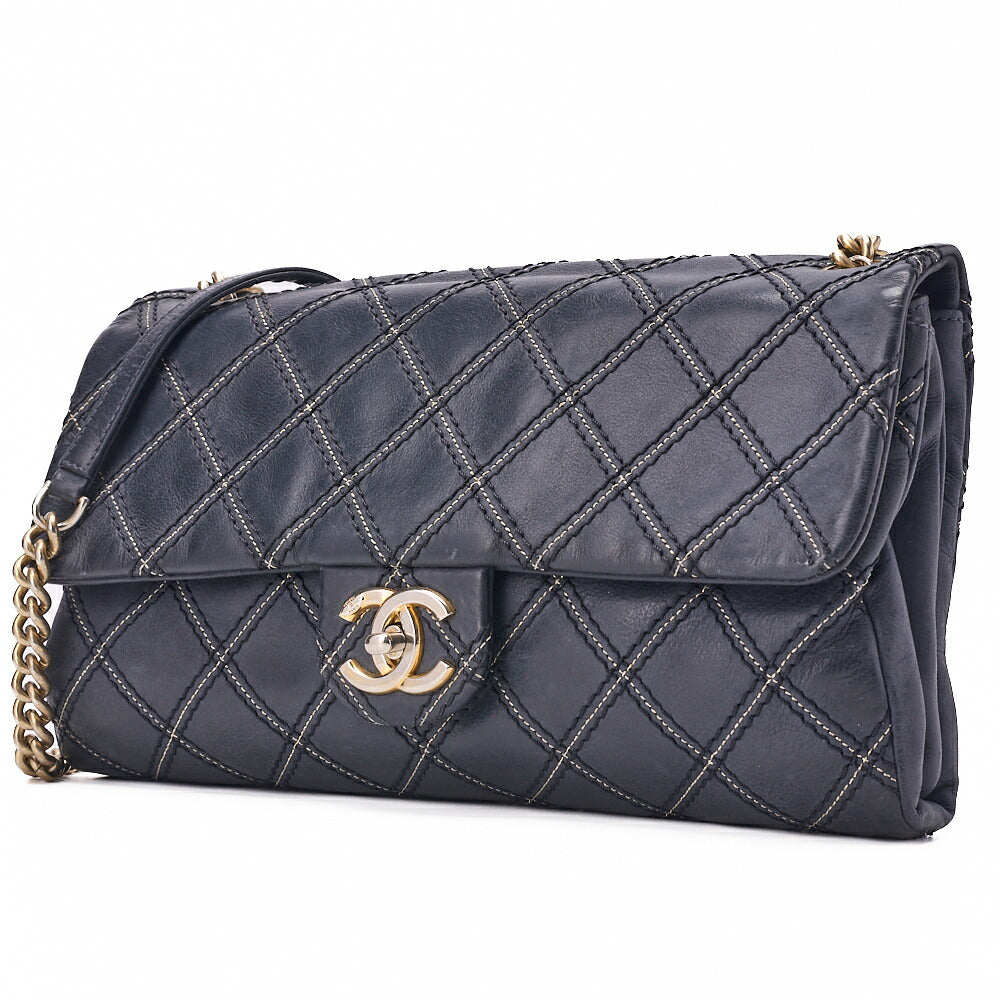 CHANEL Chanel Coated Leather Matlassse Single Flap Shoulder Navy Silver-Tone Hardware, Pre-Owned