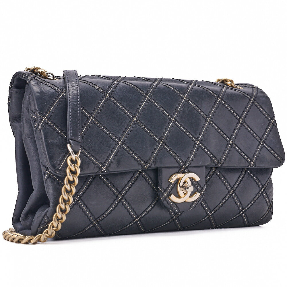 CHANEL Chanel Coated Leather Matlassse Single Flap Shoulder Navy Silver-Tone Hardware, Pre-Owned