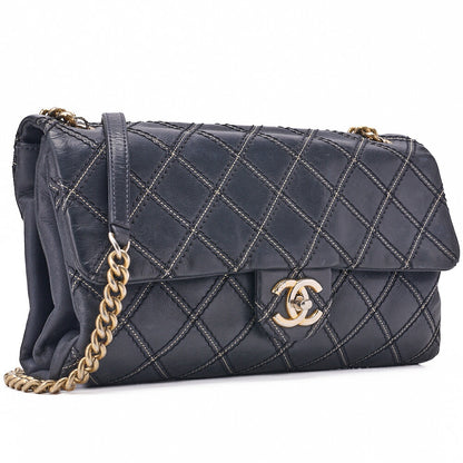 CHANEL Chanel Coated Leather Matlassse Single Flap Shoulder Navy Silver-Tone Hardware, Pre-Owned