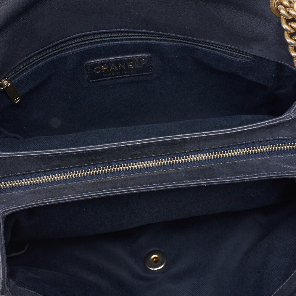 CHANEL Chanel Coated Leather Matlassse Single Flap Shoulder Navy Silver-Tone Hardware, Pre-Owned