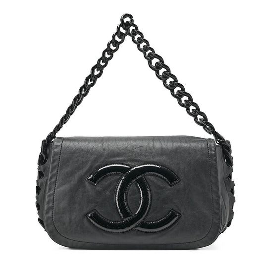 CHANEL Tote Bag Lambskin X Enamel Coco Mark Plastic Chain Shoulder Black Silver-Tone Hardware, Pre-Owned