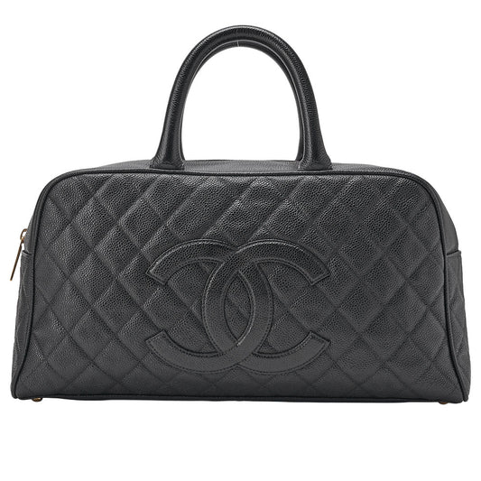 CHANEL Handbag Boston Bag Caviar Skin Matelasse Cocomark Black Gold-Tone Hardware, Pre-Owned