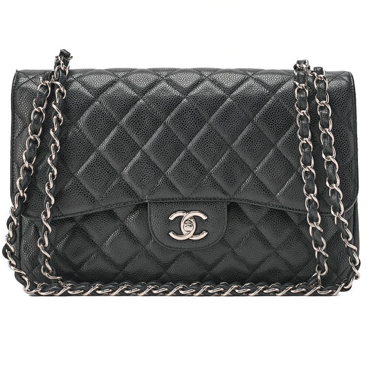CHANEL Caviar Skin Deca Matelasse 30cm Double Flap Chain Shoulder Bag Black (Silver-Tone Hardware, Pre-Owned