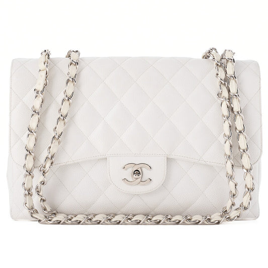 CHANEL Caviar Skin Deca Matelasse 30cm Single Flap Chain Shoulder Bag White Silver-Tone Hardware, Pre-Owned
