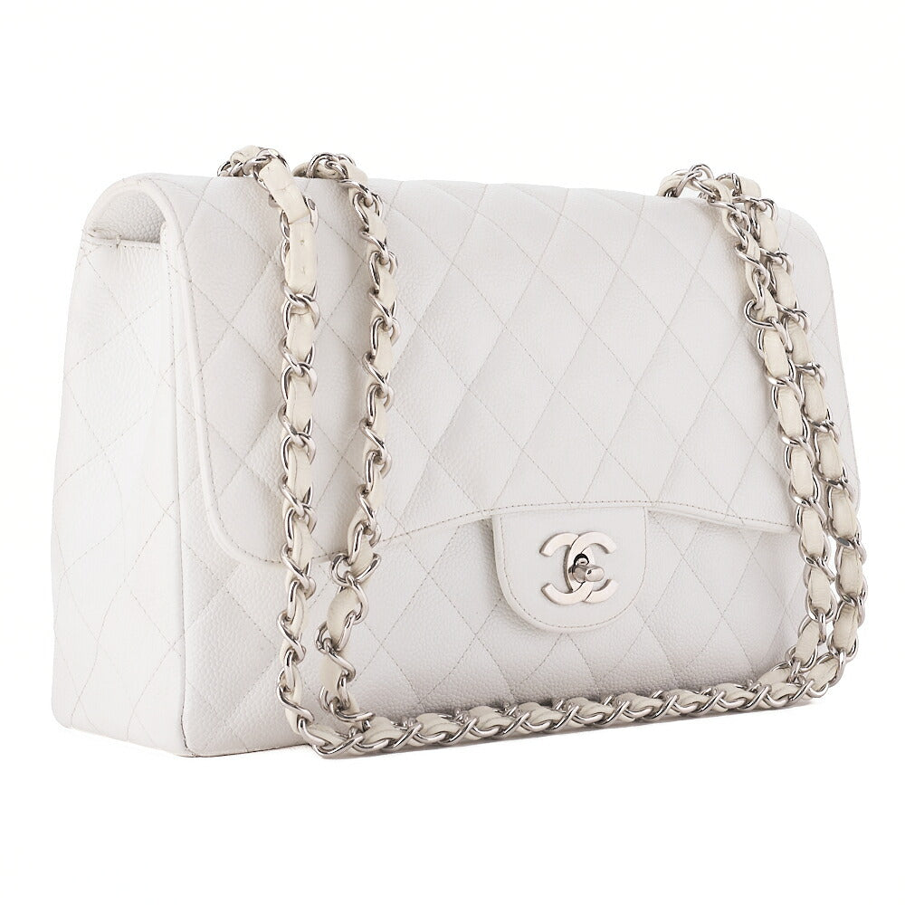 CHANEL Caviar Skin Deca Matelasse 30cm Double Flap Chain Shoulder Bag White Silver-Tone Hardware, Pre-Owned