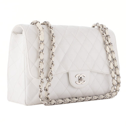 CHANEL Caviar Skin Deca Matelasse 30cm Double Flap Chain Shoulder Bag White Silver-Tone Hardware, Pre-Owned