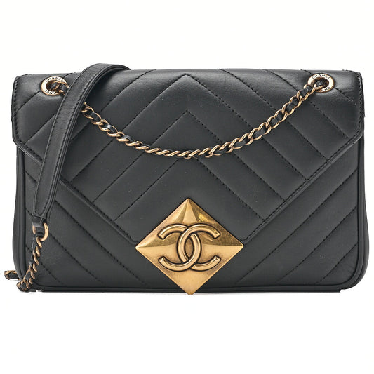 CHANEL Lambskin V-Stitch Chevron Diamond Coco Mark Chain Shoulder Black Gold-Tone Hardware, Pre-Owned
