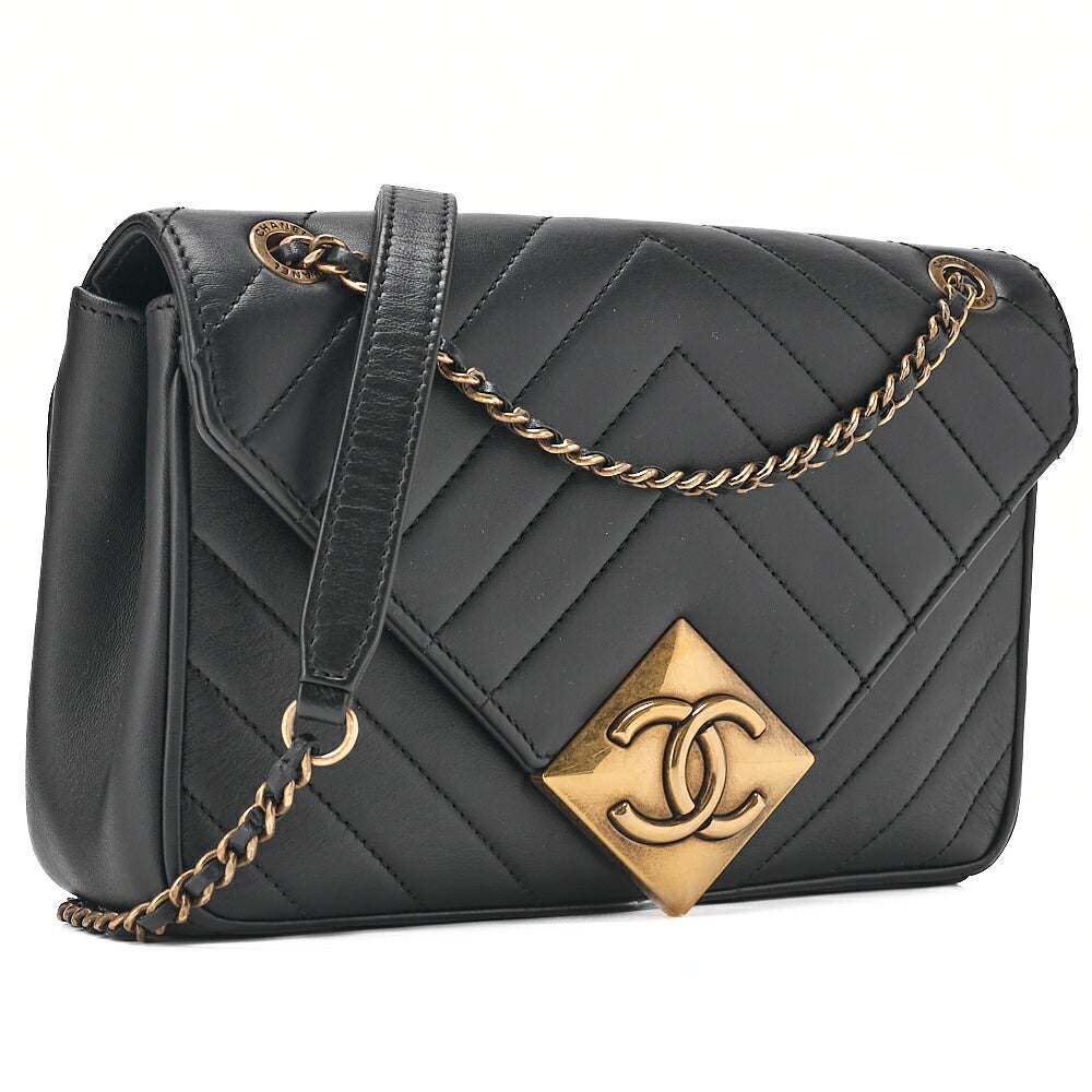 CHANEL Lambskin V-Stitch Chevron Diamond Coco Mark Chain Shoulder Black Gold-Tone Hardware, Pre-Owned