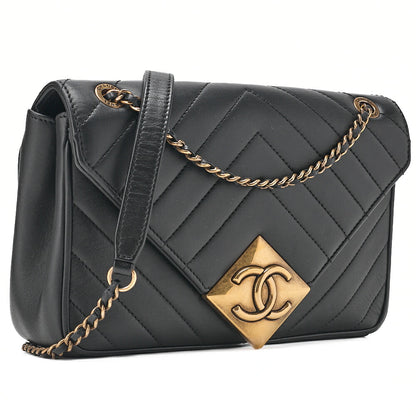CHANEL Lambskin V-Stitch Chevron Diamond Coco Mark Chain Shoulder Black Gold-Tone Hardware, Pre-Owned