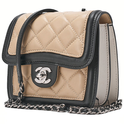 CHANEL Lambskin Mini Matelasse Single Chain Shoulder Bicolor Beige x Black Silver-Tone Hardware, Pre-Owned