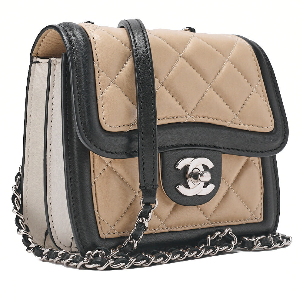 CHANEL Lambskin Mini Matelasse Single Chain Shoulder Bicolor Beige x Black Silver-Tone Hardware, Pre-Owned