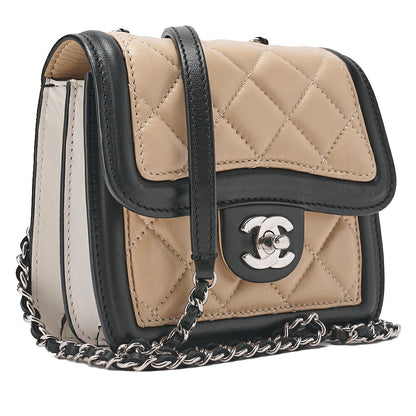 CHANEL Lambskin Mini Matelasse Single Chain Shoulder Bicolor Beige x Black Silver-Tone Hardware, Pre-Owned