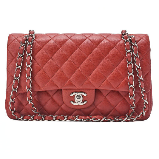 CHANEL Caviar Skin Matelasse Double Flap Chain Shoulder Red Silver-Tone Hardware, Pre-Owned