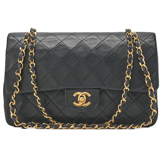 CHANEL Lambskin Matelasse Double Flap 25cm Chain Shoulder Black Gold -Tone Hardware, Pre-Owned