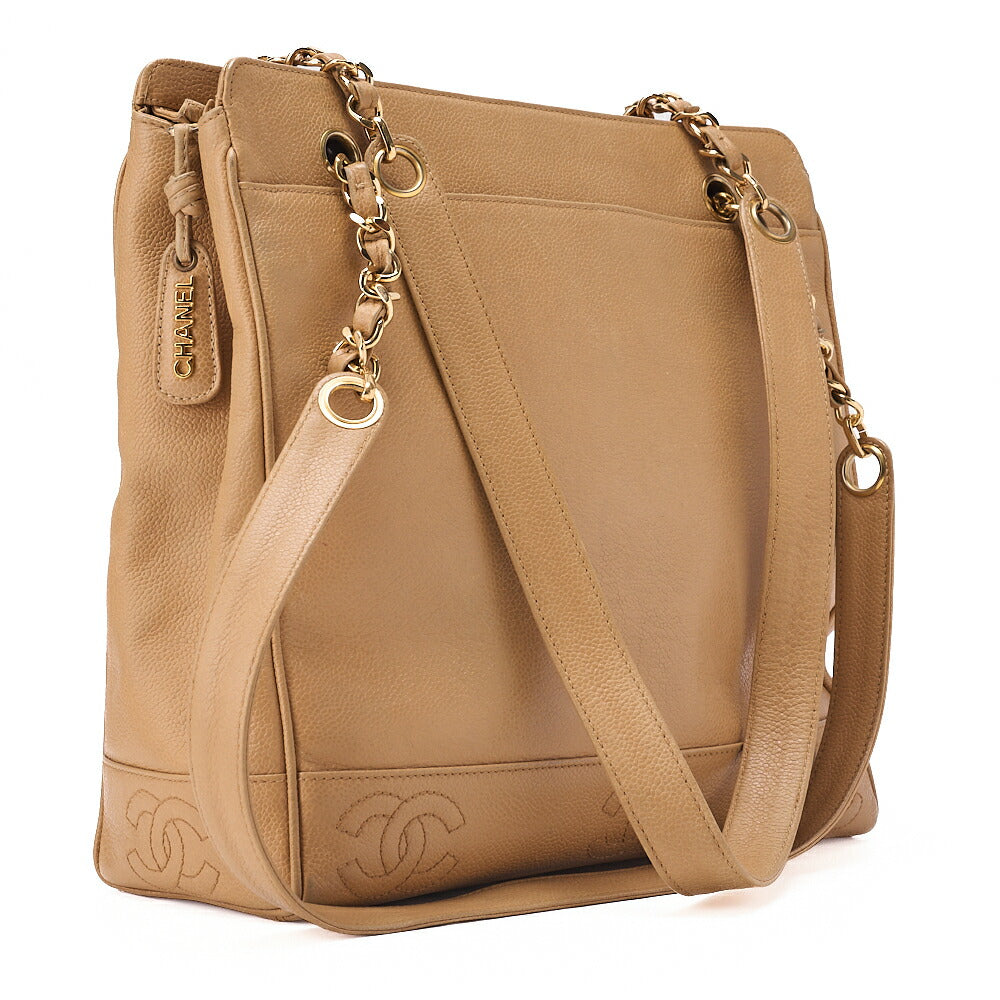 CHANEL Caviar Skin Triple Coco W Chain Shoulder Beige Gold -Tone Hardware, Pre-Owned