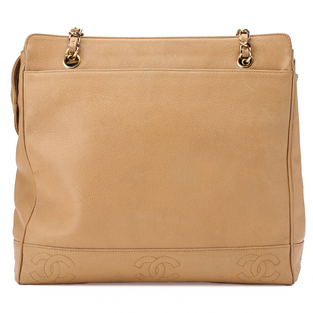 CHANEL Caviar Skin Triple Coco W Chain Shoulder Beige Gold -Tone Hardware, Pre-Owned
