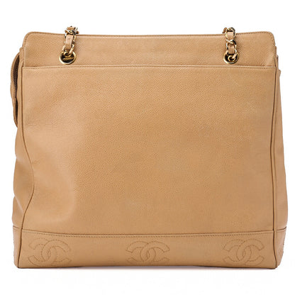 CHANEL Caviar Skin Triple Coco W Chain Shoulder Beige Gold -Tone Hardware, Pre-Owned