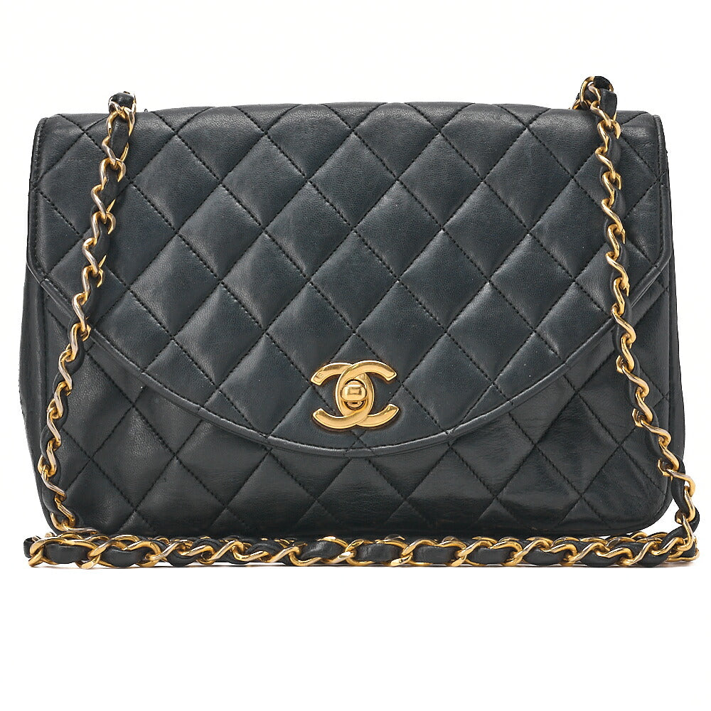 CHANEL Chain Shoulder Bag Matelasse Round Flap Lambskin Black Gold-Tone Hardware, Pre-Owned