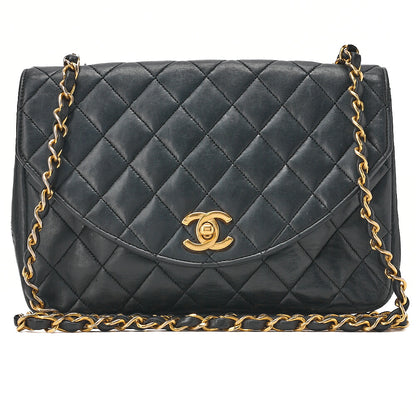 CHANEL Chain Shoulder Bag Matelasse Round Flap Lambskin Black Gold-Tone Hardware, Pre-Owned