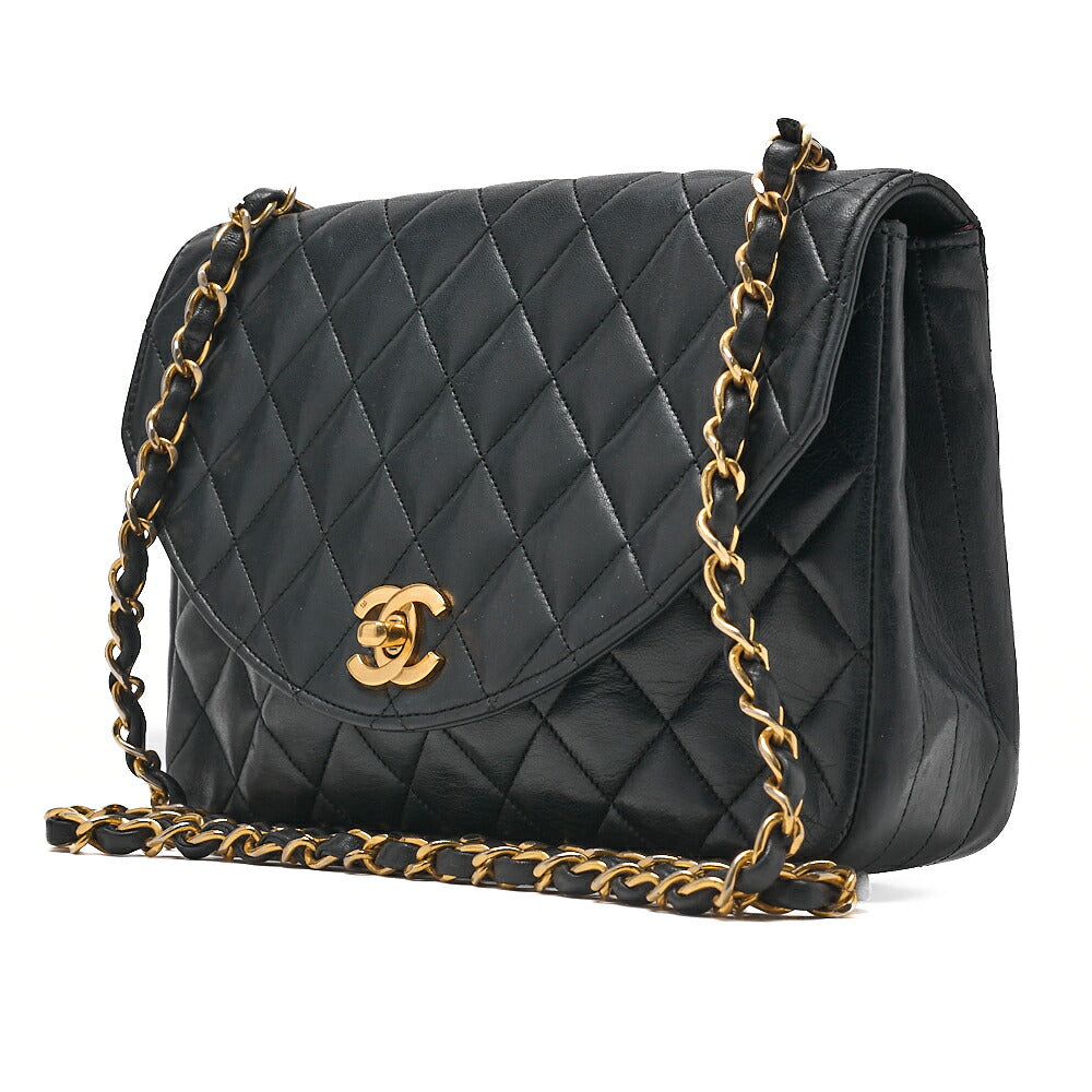 CHANEL Chain Shoulder Bag Matelasse Round Flap Lambskin Black Gold-Tone Hardware, Pre-Owned