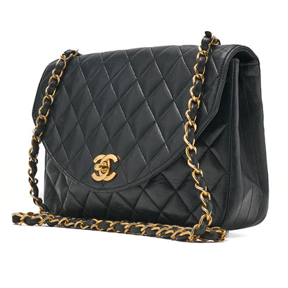 CHANEL Chain Shoulder Bag Matelasse Round Flap Lambskin Black Gold-Tone Hardware, Pre-Owned