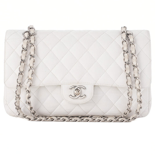 CHANEL Caviar Skin Matelasse W Flap Shoulder Bag White Silver-Tone Hardware, Pre-Owned