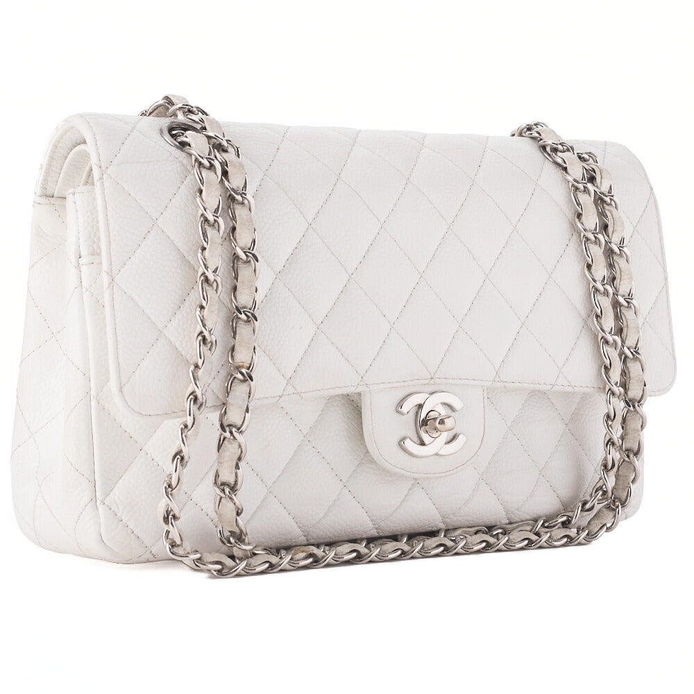 CHANEL Caviar Skin Matelasse W Flap Shoulder Bag White Silver-Tone Hardware, Pre-Owned