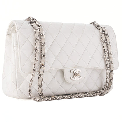 CHANEL Caviar Skin Matelasse W Flap Shoulder Bag White Silver-Tone Hardware, Pre-Owned