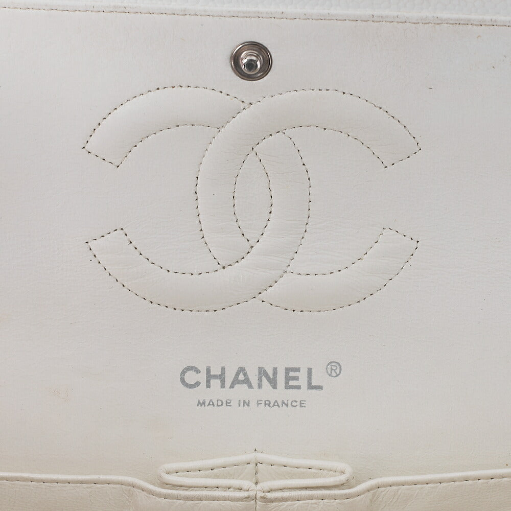 CHANEL Caviar Skin Matelasse W Flap Shoulder Bag White Silver-Tone Hardware, Pre-Owned