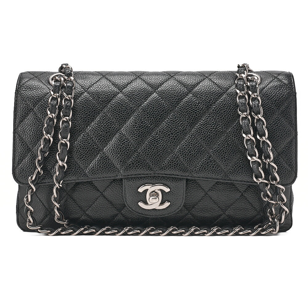 CHANEL Caviar Skin Matelasse Double Flap 25cm Chain Shoulder Black Silver-Tone Hardware, Pre-Owned