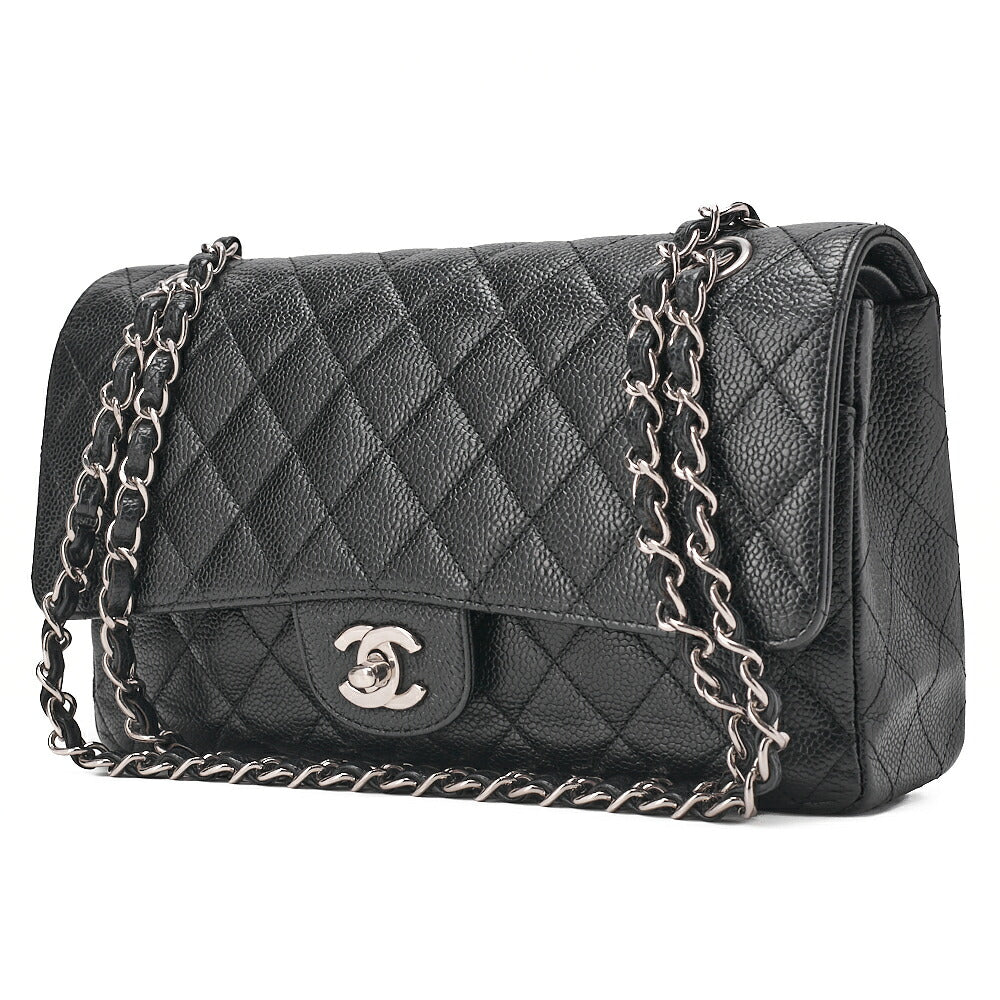 CHANEL Caviar Skin Matelasse Double Flap 25cm Chain Shoulder Black Silver-Tone Hardware, Pre-Owned
