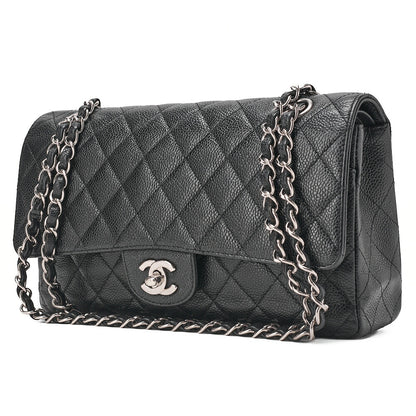 CHANEL Caviar Skin Matelasse Double Flap 25cm Chain Shoulder Black Silver-Tone Hardware, Pre-Owned