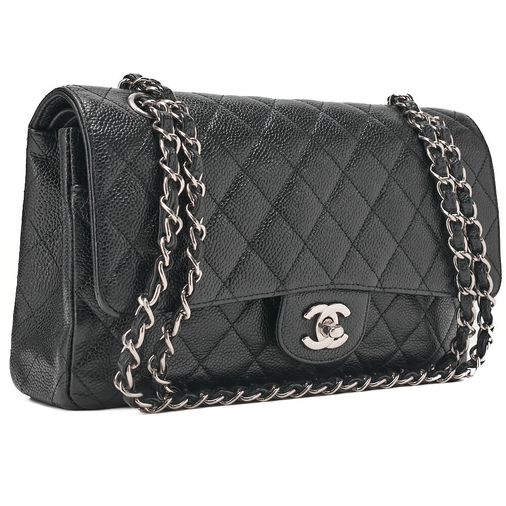 CHANEL Caviar Skin Matelasse Double Flap 25cm Chain Shoulder Black Silver-Tone Hardware, Pre-Owned