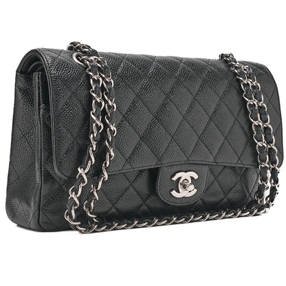 CHANEL Caviar Skin Matelasse Double Flap 25cm Chain Shoulder Black Silver-Tone Hardware, Pre-Owned