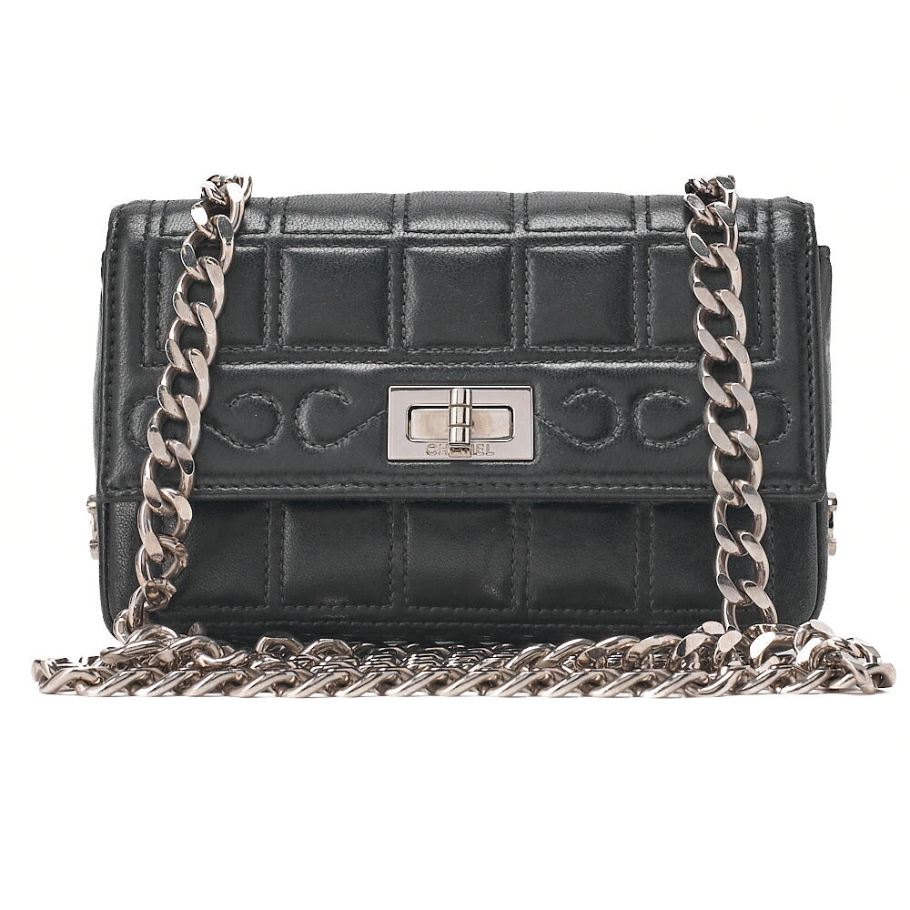 CHANEL シャネル チョコバー 2.55 ターンロック ラインストーン ココマーク チェーンショルダー ラムスキン ブラック シルバー金具, 中古