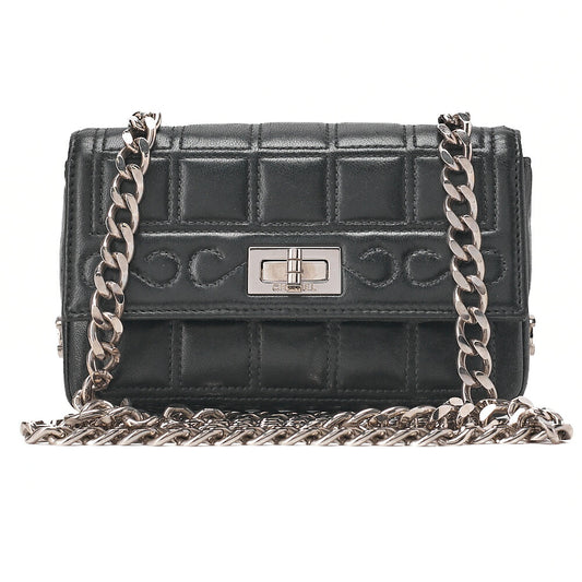 CHANEL Chanel Chocolate Bar 2.55 Turnlock Rhinestone Coco Chain Shoulder Lambskin Black Silver -Tone Hardware, Pre-Owned