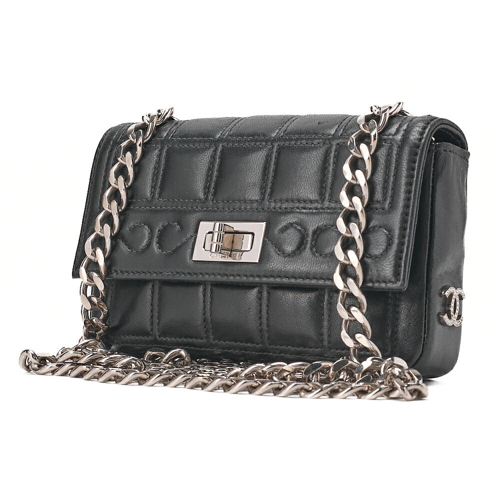 CHANEL シャネル チョコバー 2.55 ターンロック ラインストーン ココマーク チェーンショルダー ラムスキン ブラック シルバー金具, 中古