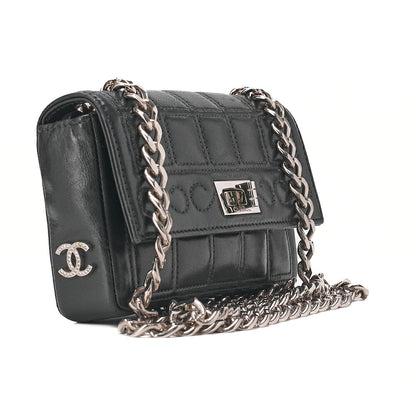 CHANEL シャネル チョコバー 2.55 ターンロック ラインストーン ココマーク チェーンショルダー ラムスキン ブラック シルバー金具, 中古
