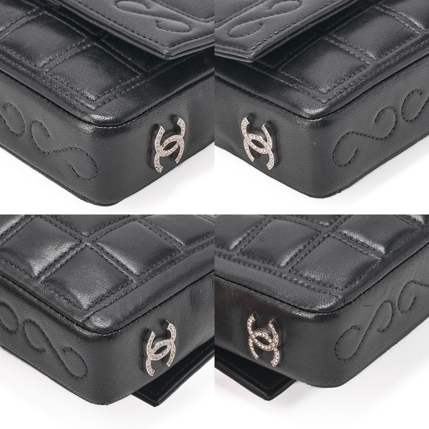 CHANEL シャネル チョコバー 2.55 ターンロック ラインストーン ココマーク チェーンショルダー ラムスキン ブラック シルバー金具, 中古