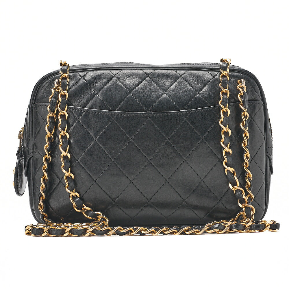 CHANEL Matelasse with Pull Charm Round Double Chain Shoulder Bag Lambskin Black Gold -Tone Hardware, Pre-Owned