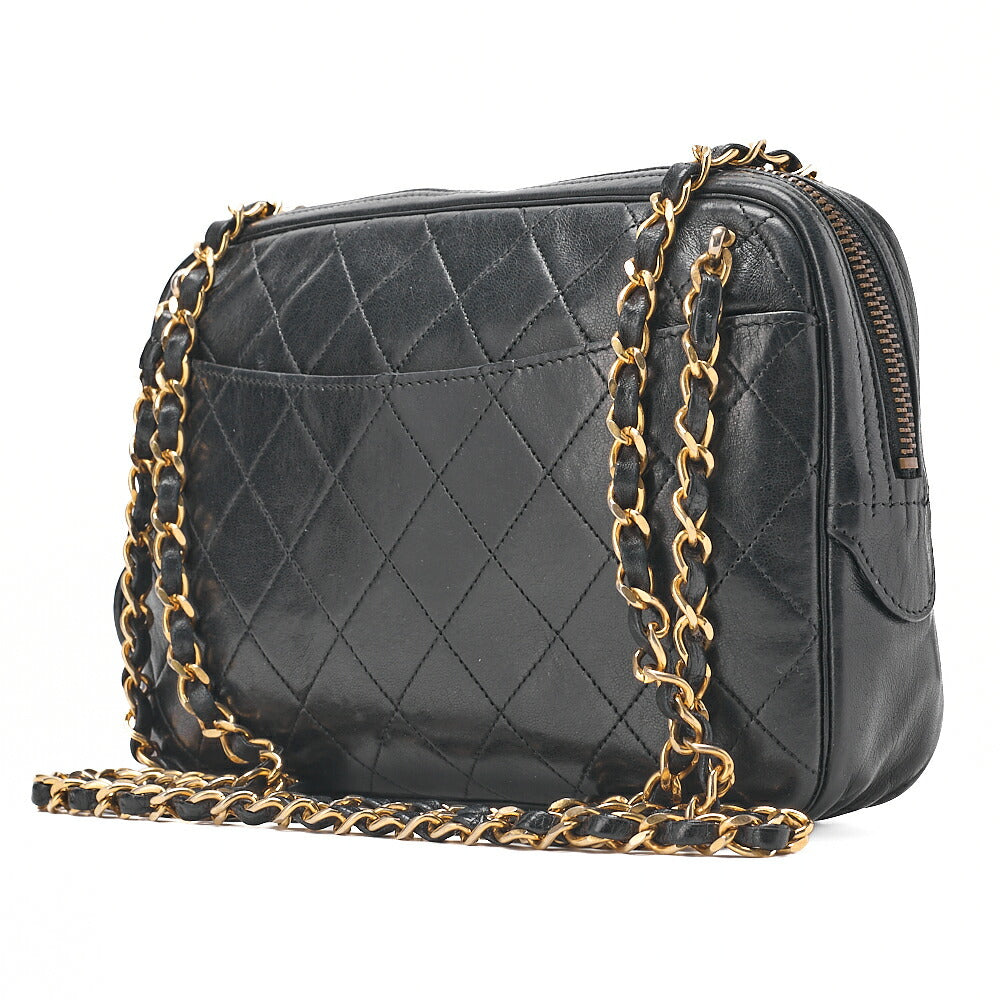 CHANEL Matelasse with Pull Charm Round Double Chain Shoulder Bag Lambskin Black Gold -Tone Hardware, Pre-Owned