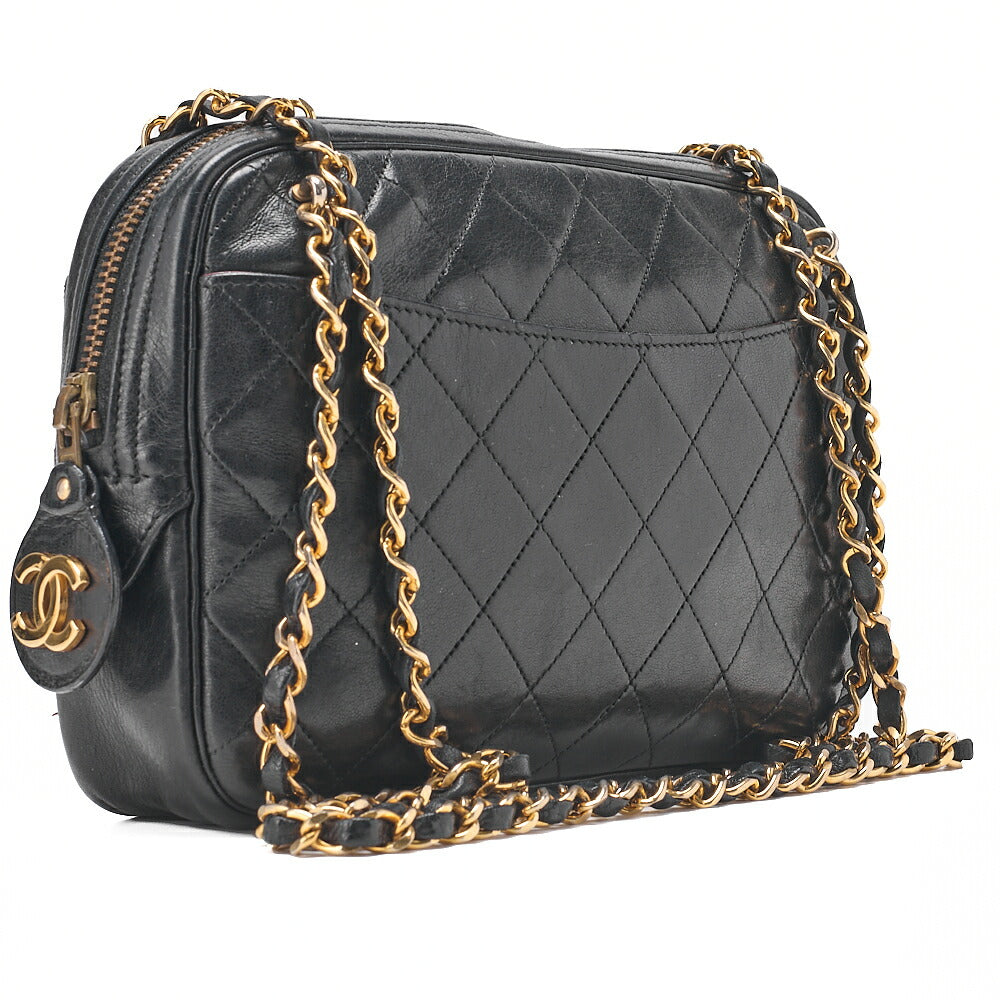 CHANEL Matelasse with Pull Charm Round Double Chain Shoulder Bag Lambskin Black Gold -Tone Hardware, Pre-Owned